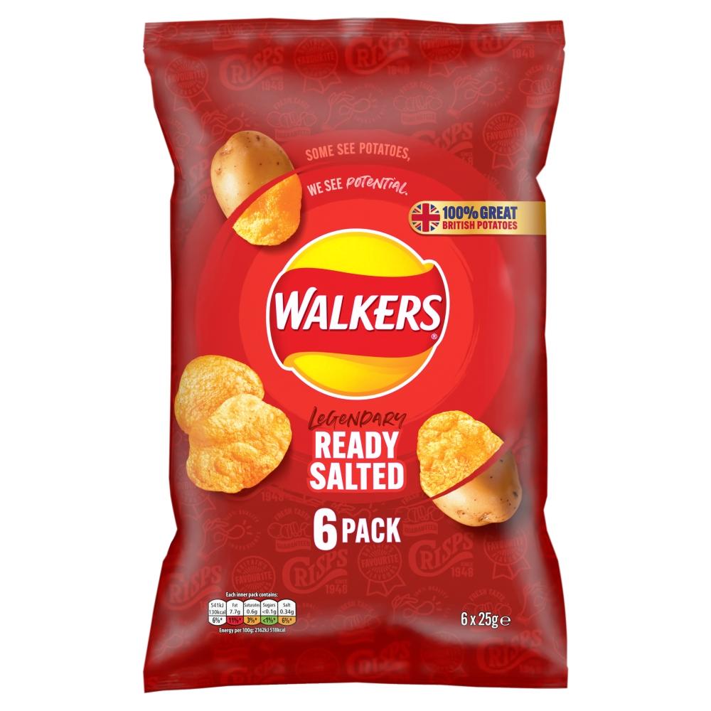 Walkers Ready Salted Crisps 6 Pack 25g - 18 x 25g Multipacks