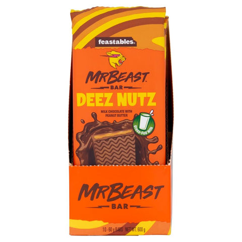 Feastables MrBeast Milk Chocolate With Peanut Butter Deez Nutz Bar 60g - 10 x 60g Bars