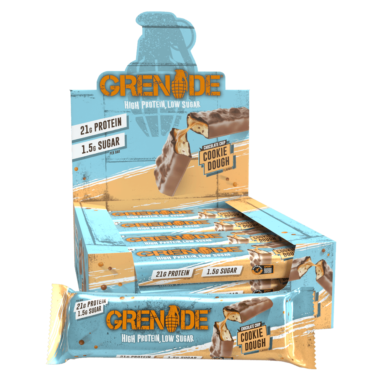 Grenade Chocolate Chip Cookie Dough Flavour Protein Bar 60g - 12 x 60g Bars