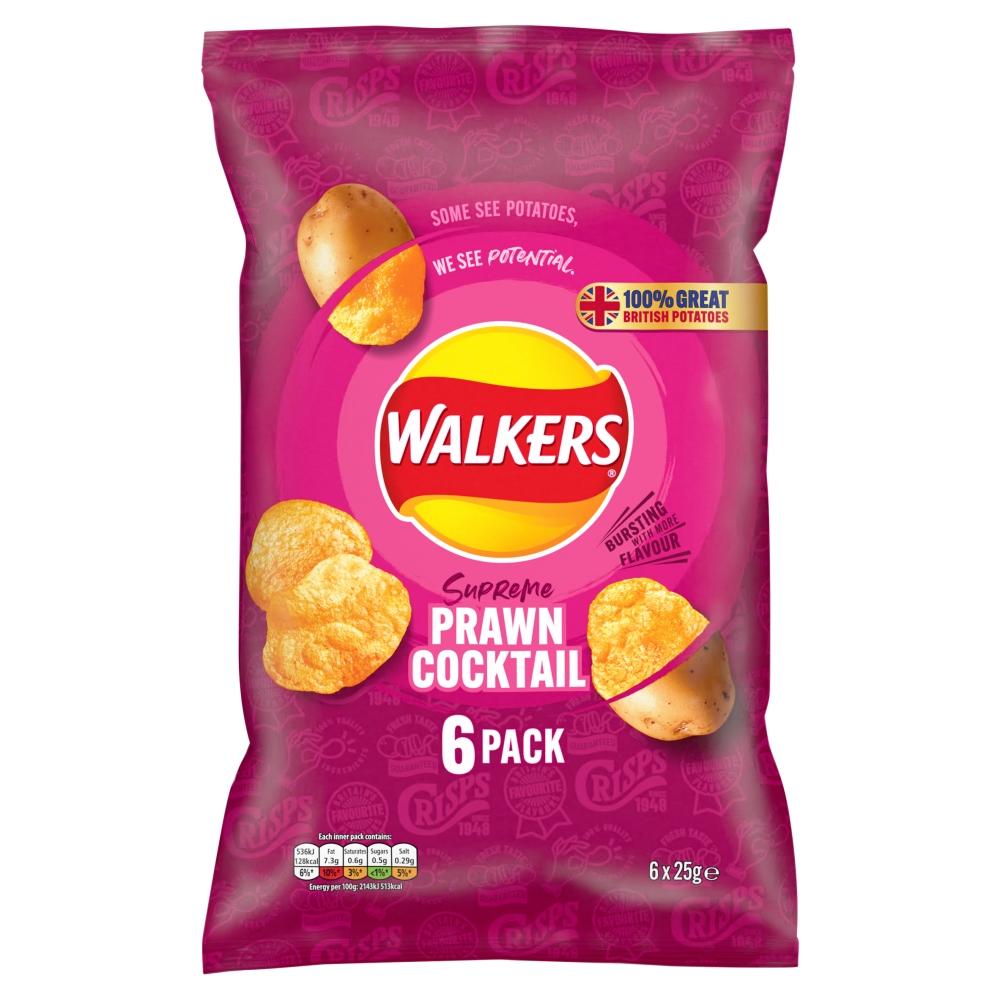 Walkers Prawn Cocktail Crisps 6 Pack Multipack 150g - 18 x (6 x 25g Bags) Multipacks