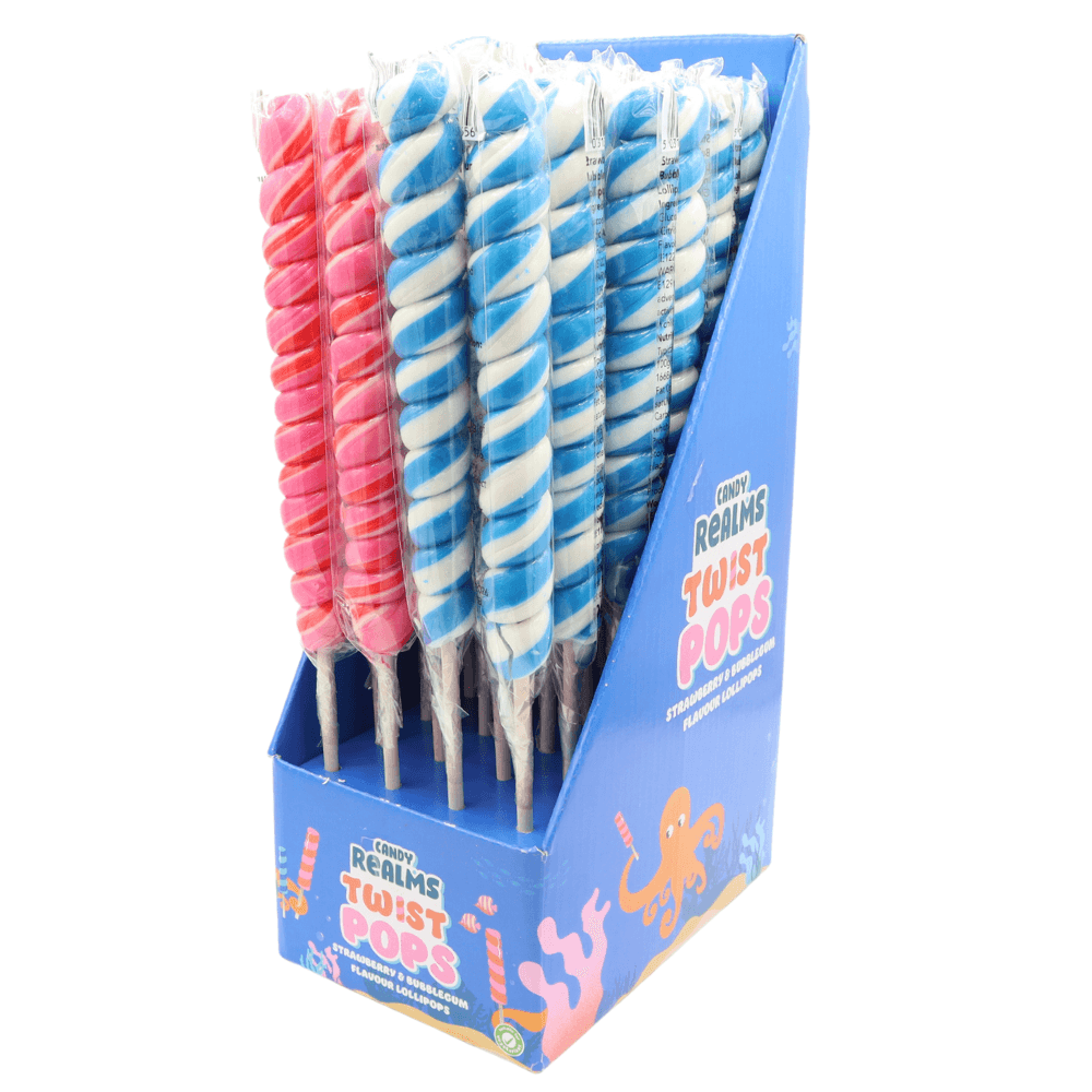 Candy Realms Strawberry and Bubblegum Twist Pop 80g - 24 x 80g Lollipops