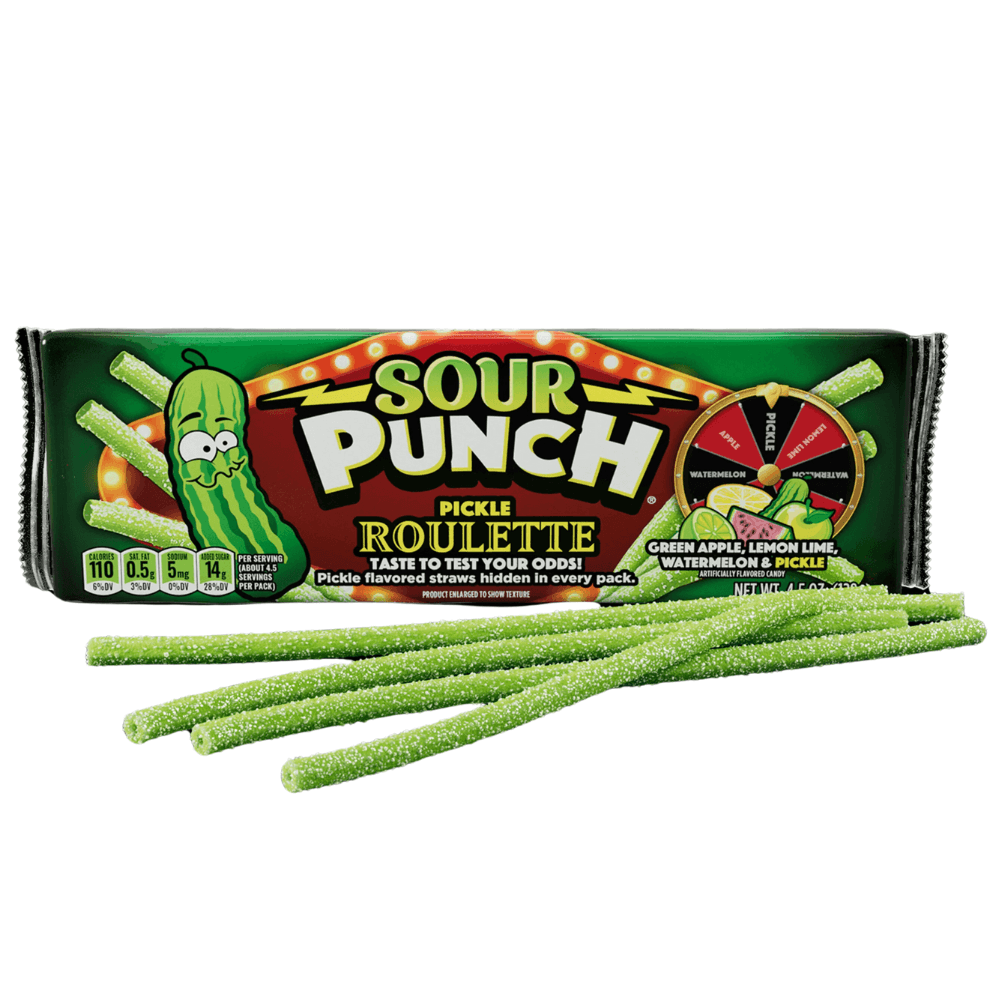 Sour Punch Pickle Roulette Straws Pack 128g - 24 x 128g Packs